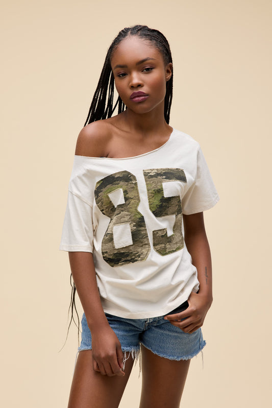 85 Camo Applique Off-The-Shoulder Tee